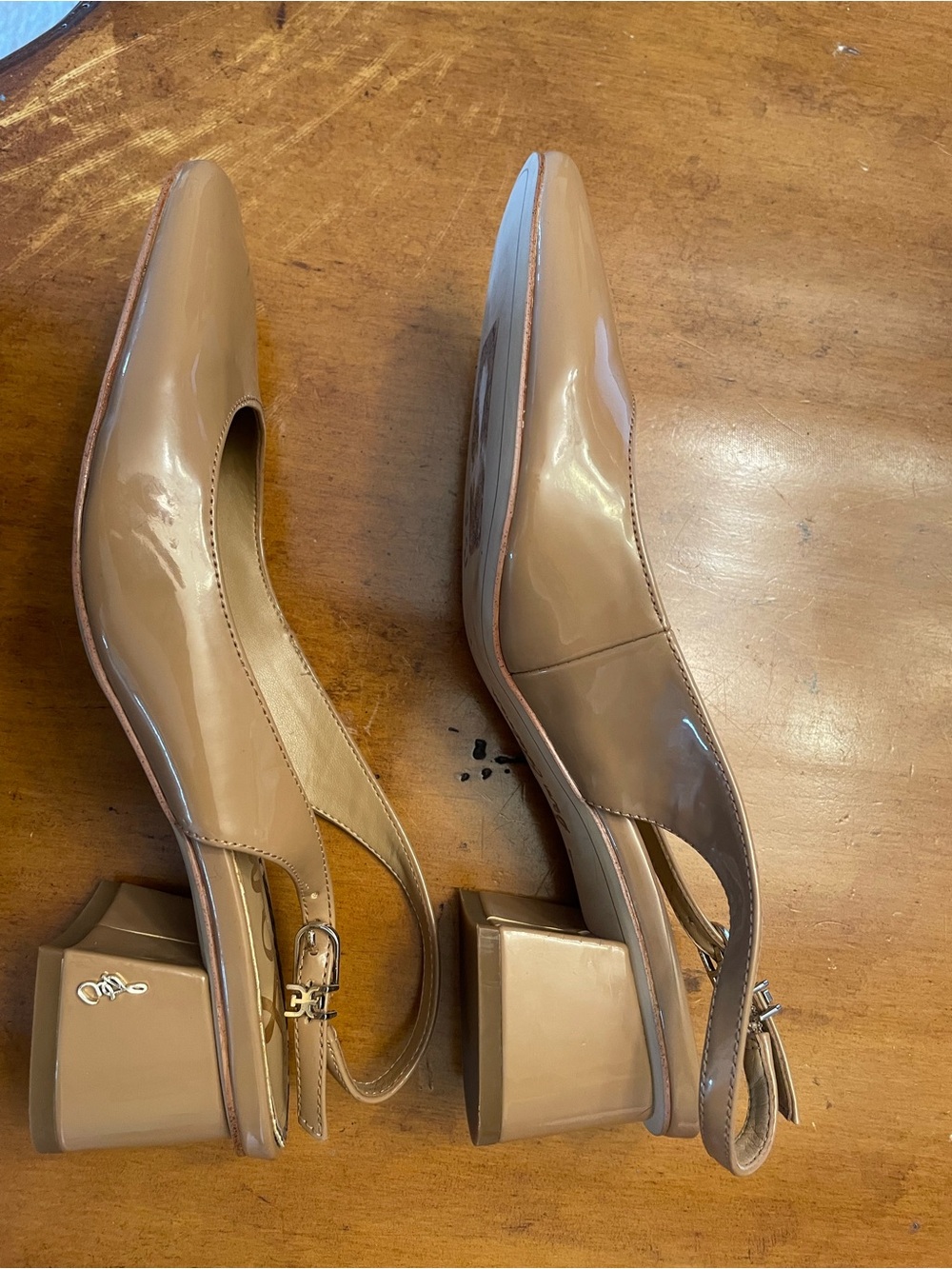 Sam Edelman Taupe Patent Slingback Heels - Picture 2 of 6